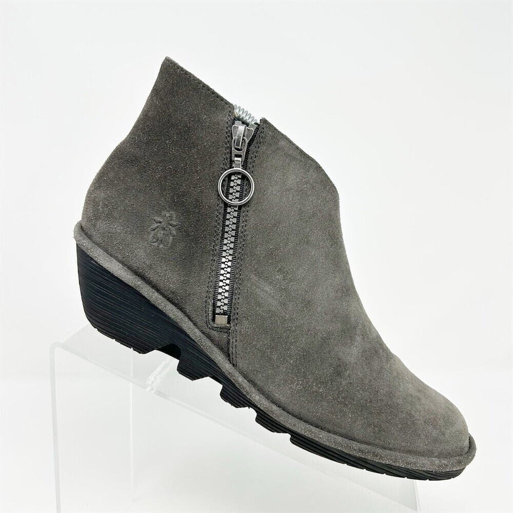 Fly London Womens Gray Suede Wedge Ankle Booties Side Zip Lug Sole Size 39